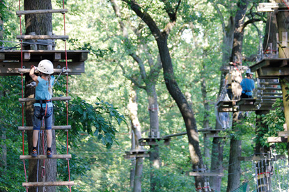 Ein paar Kunden in Gurten und Helmen klettern durch den Waldseilgarten